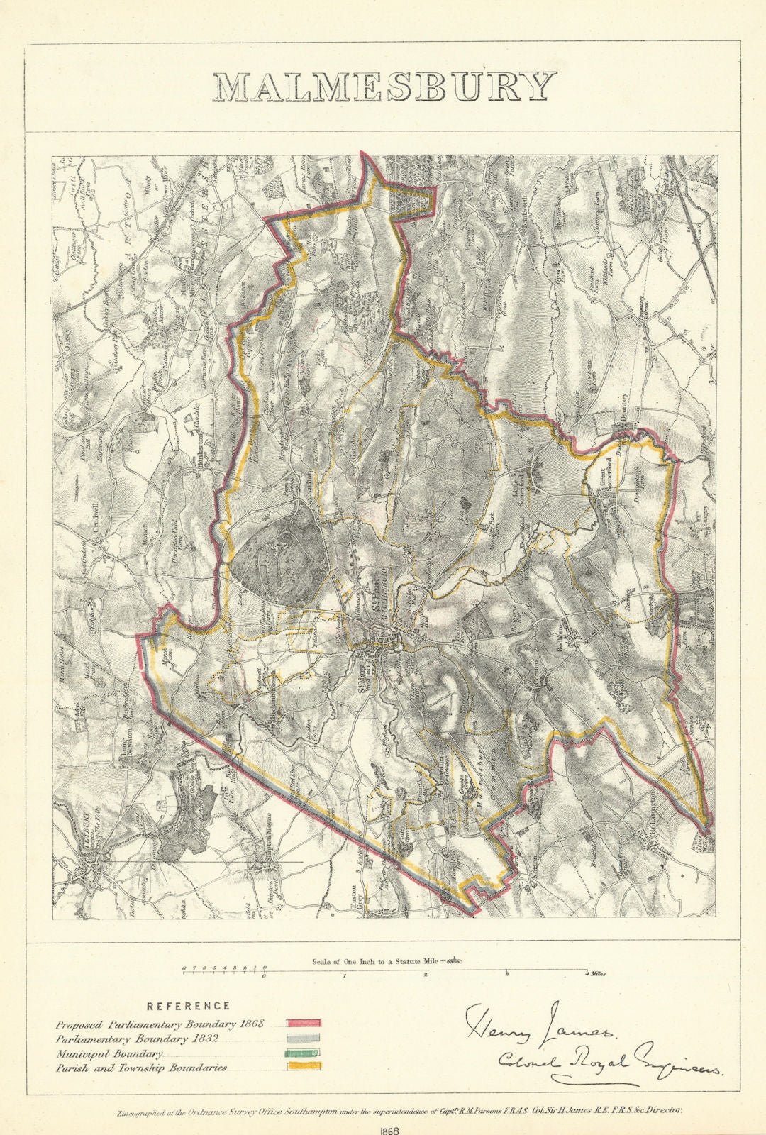 Malmesbury, Wiltshire. JAMES. Parliamentary Boundary Commission 1868 old map